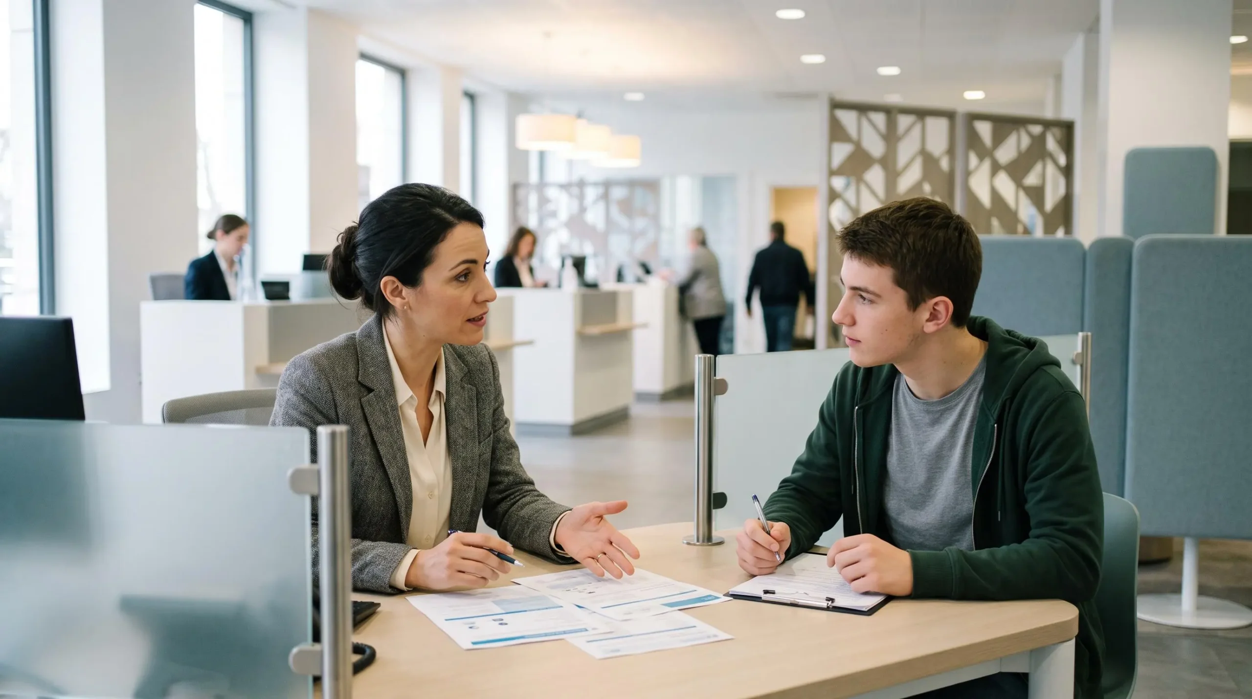 Un conseiller bancaire explique les options d'offres bancaires à un jeune étudiant lors d'un rendez-vous en agence