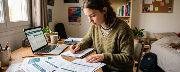 Un étudiant compare différentes offres bancaires sur son bureau en consultant des documents et son ordinateur portable