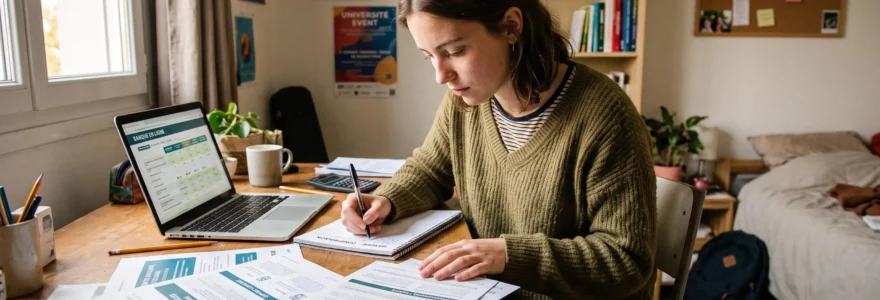 Un étudiant compare différentes offres bancaires sur son bureau en consultant des documents et son ordinateur portable